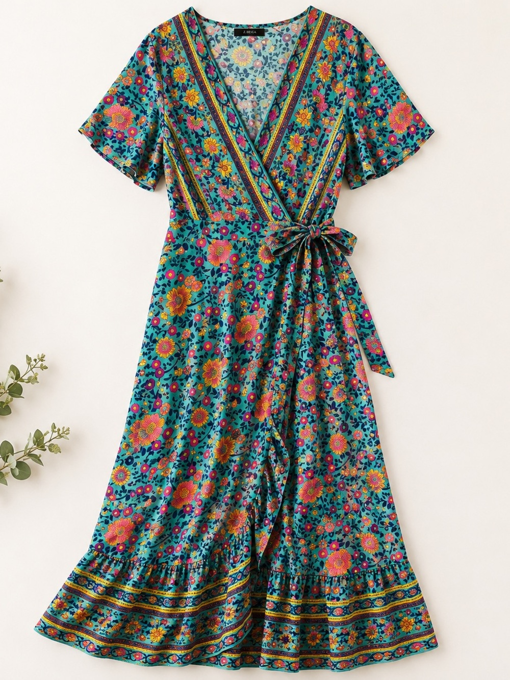 Zesica Boho Floral Wrap Maxi Dress XL Turquoise Short Sleeve Tie Waist